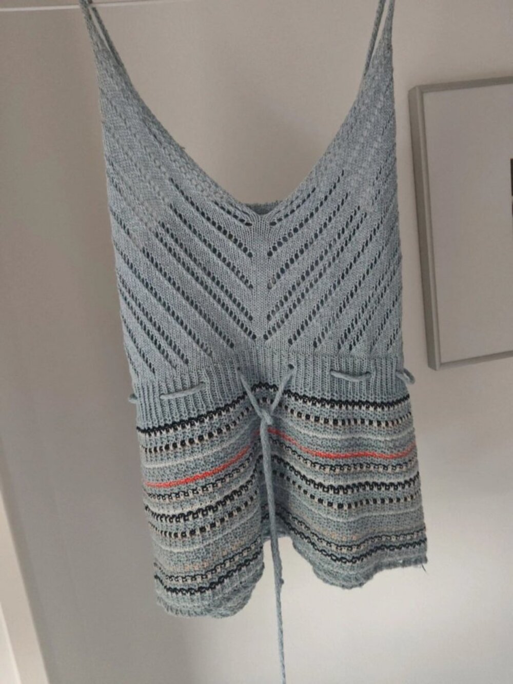 Light Blue Crochet Knit Sleeveless Cover-Up Tunic with Drawstring Waist Size S